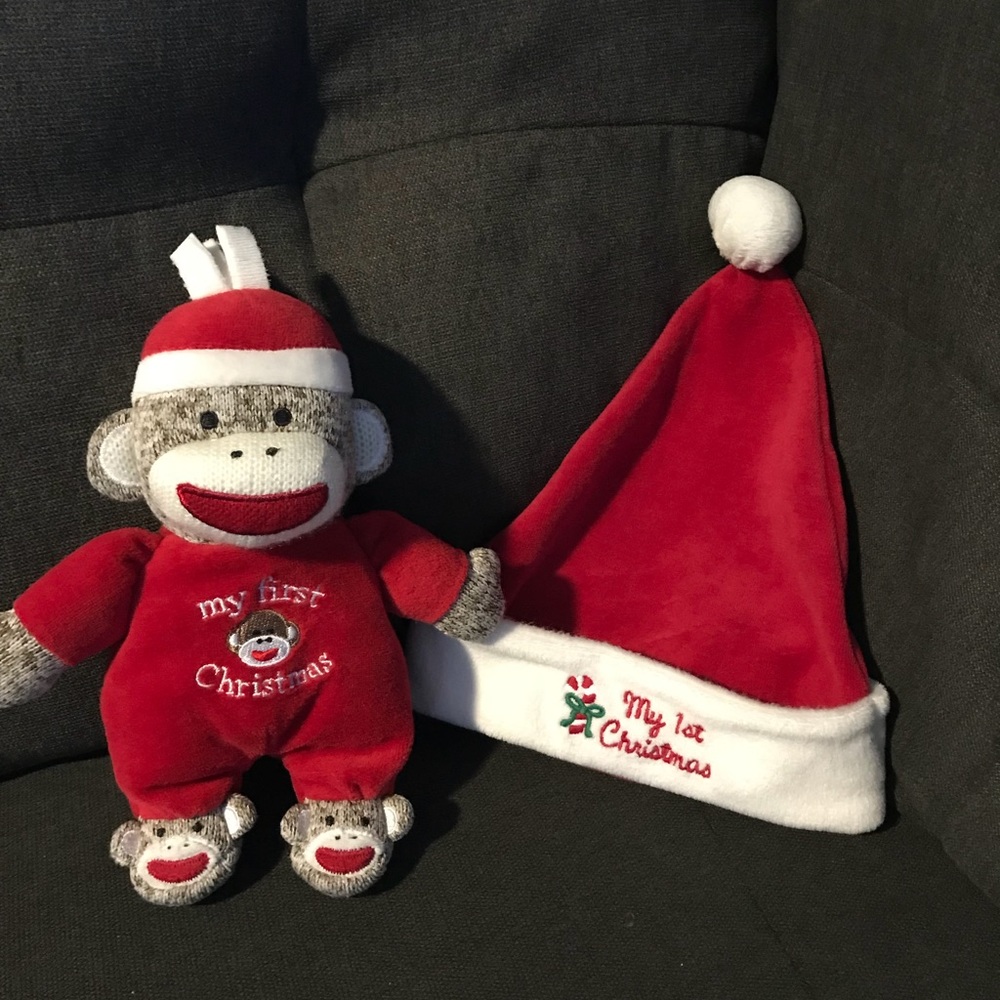 sock monkey rattles and Christmas hat